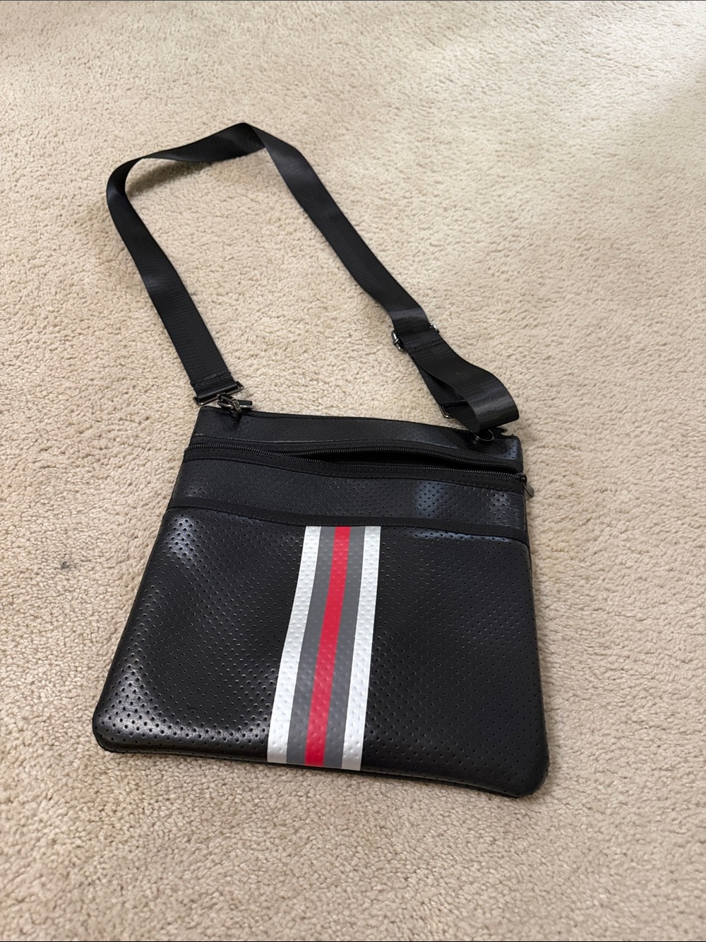 Black Crossbody Sling Bag with Red & Silver Stripe